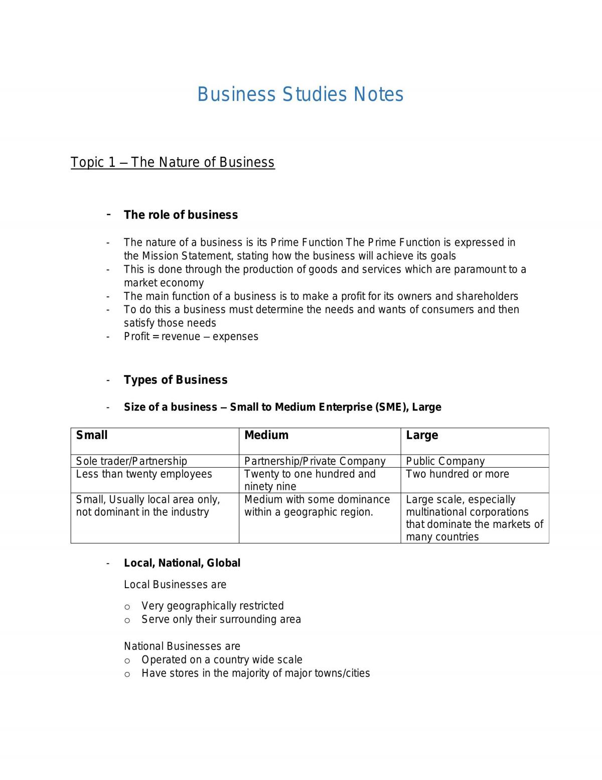 Business Studies Preliminary Notes  - Page 1