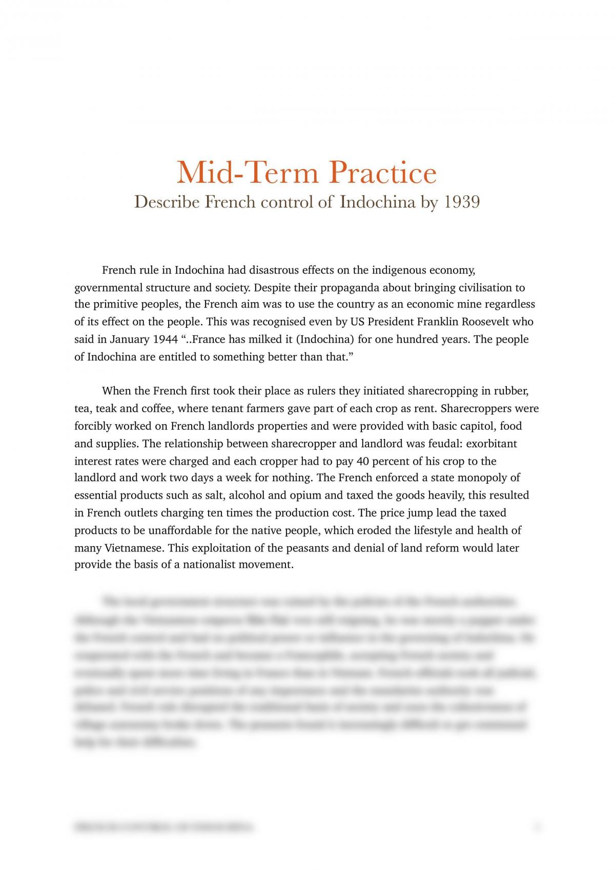 French Control in Indochina - Mid Course Essay  - Page 1