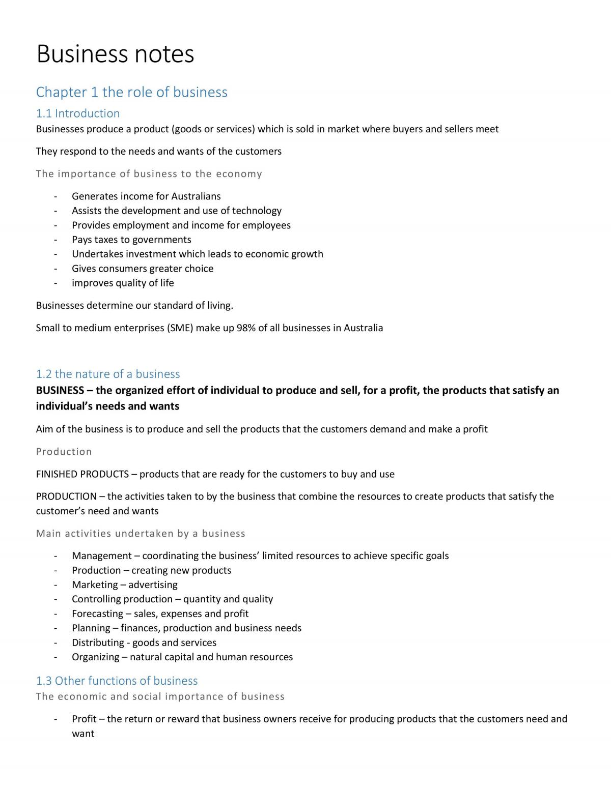 Business Studies Semester 1 Notes - Page 1