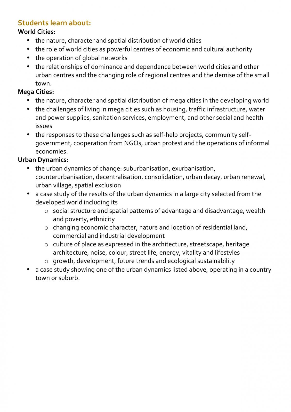 HSC Geography Urban Places (World Cities, Megacities and Urban Dynamics) - Page 1