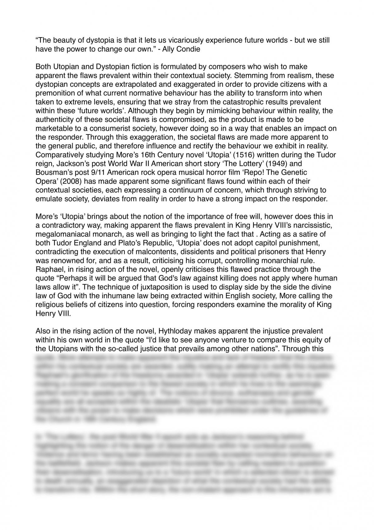 Utopia/Dystopia Essay - 'Utopia' (1516), 'The Lottery' (1949) and ‘Repo! The Genetic Opera’ (2008) - Page 1
