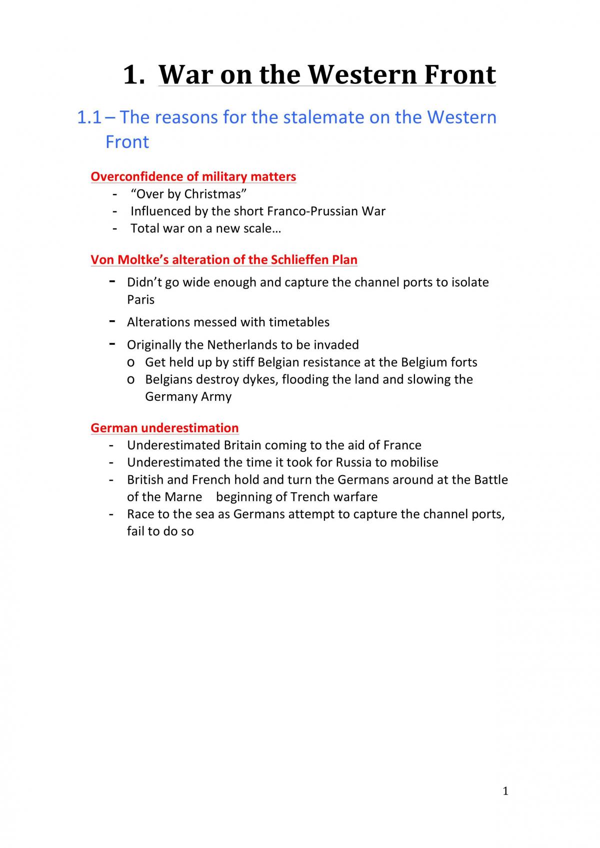 Full Set of WWI Notes - Outlining Syllabus Dot Points - Page 1