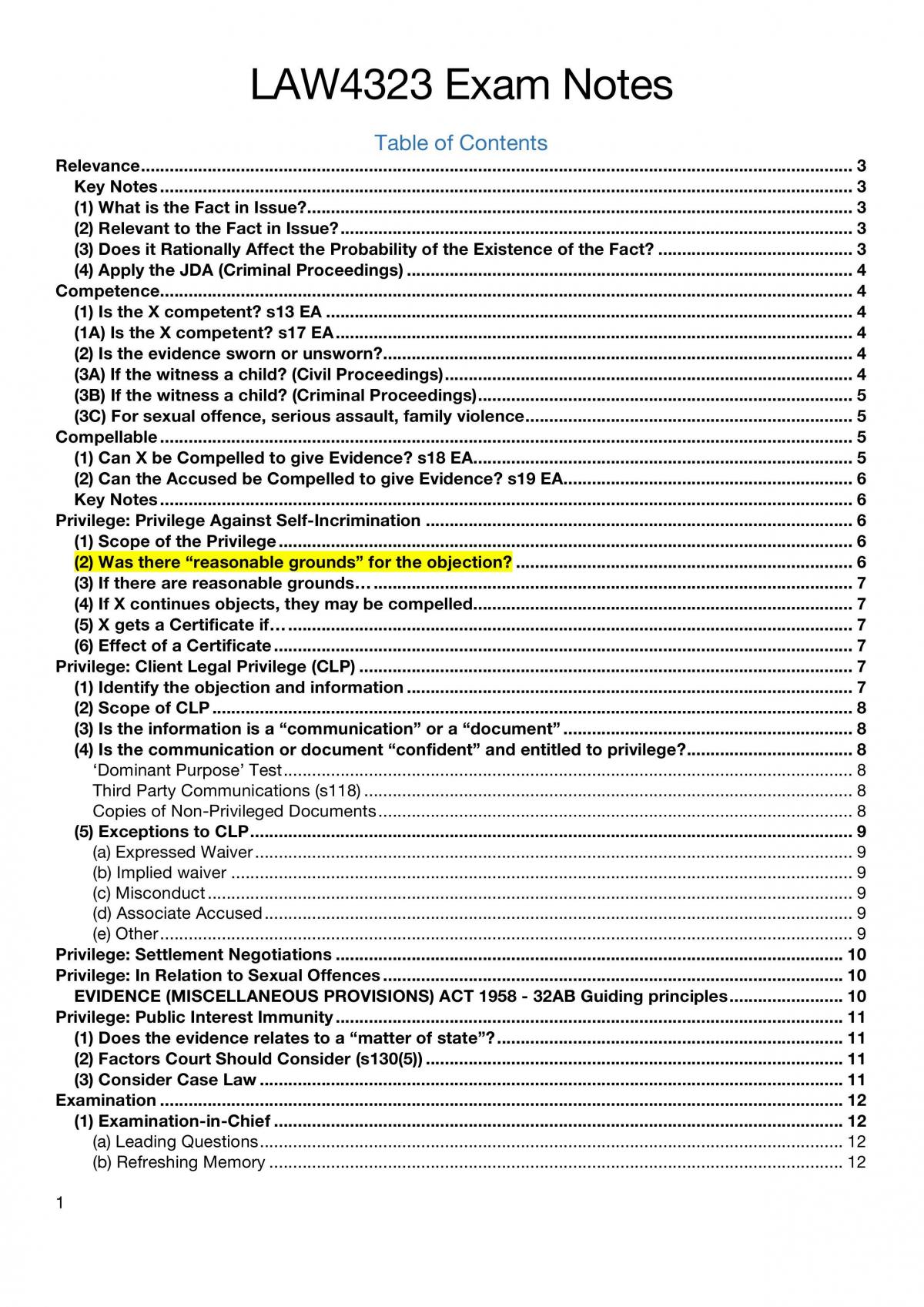 LAW4323 Evidence Exam Notes - Page 1