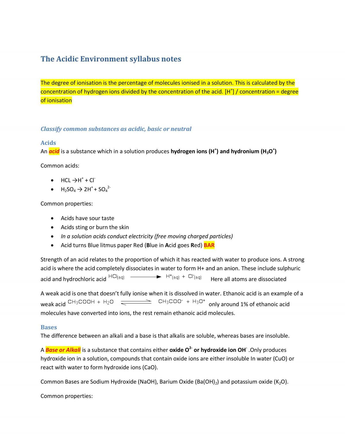 Topic 2 The Acidic Environment Syllabus Notes - Page 1