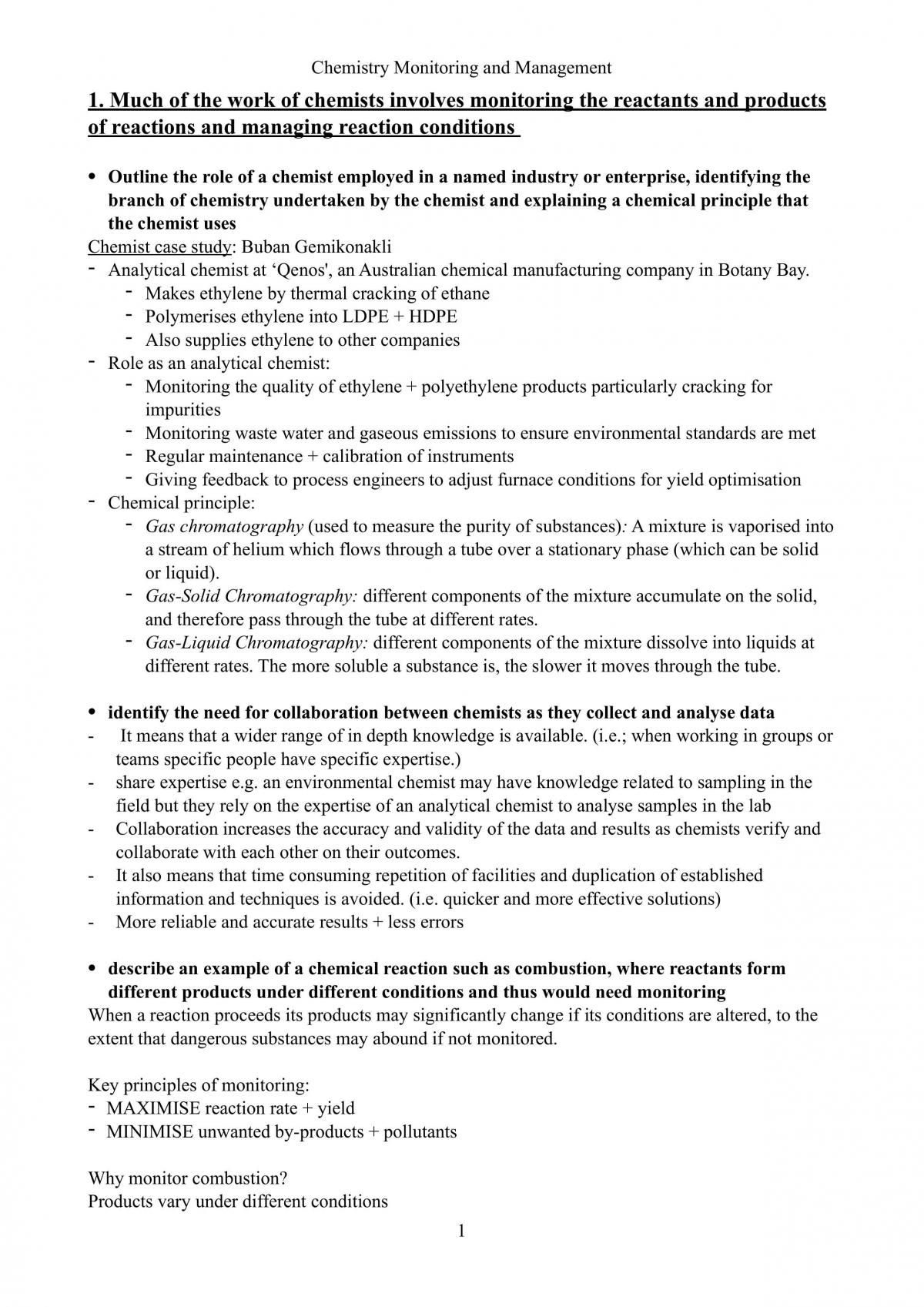 Year 12 HSC Chemistry: Chemistry Monitoring and Management  - Page 1