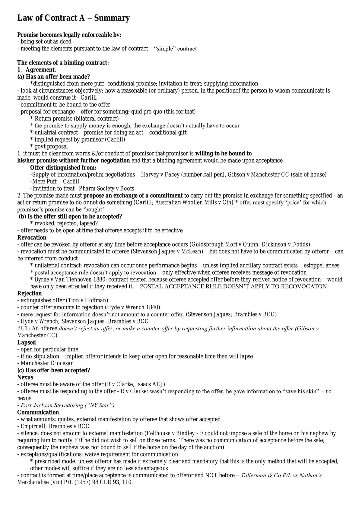Summary of Contract Law A - Page 1