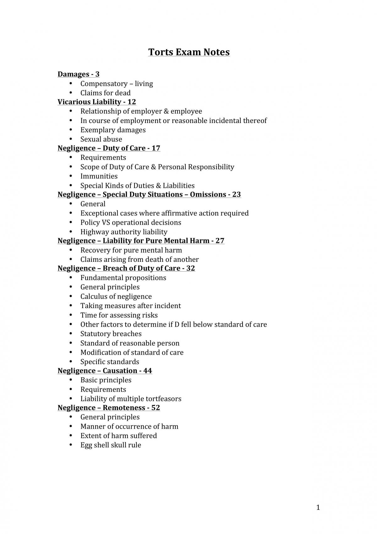 Tort Law Exam Notes - Page 1