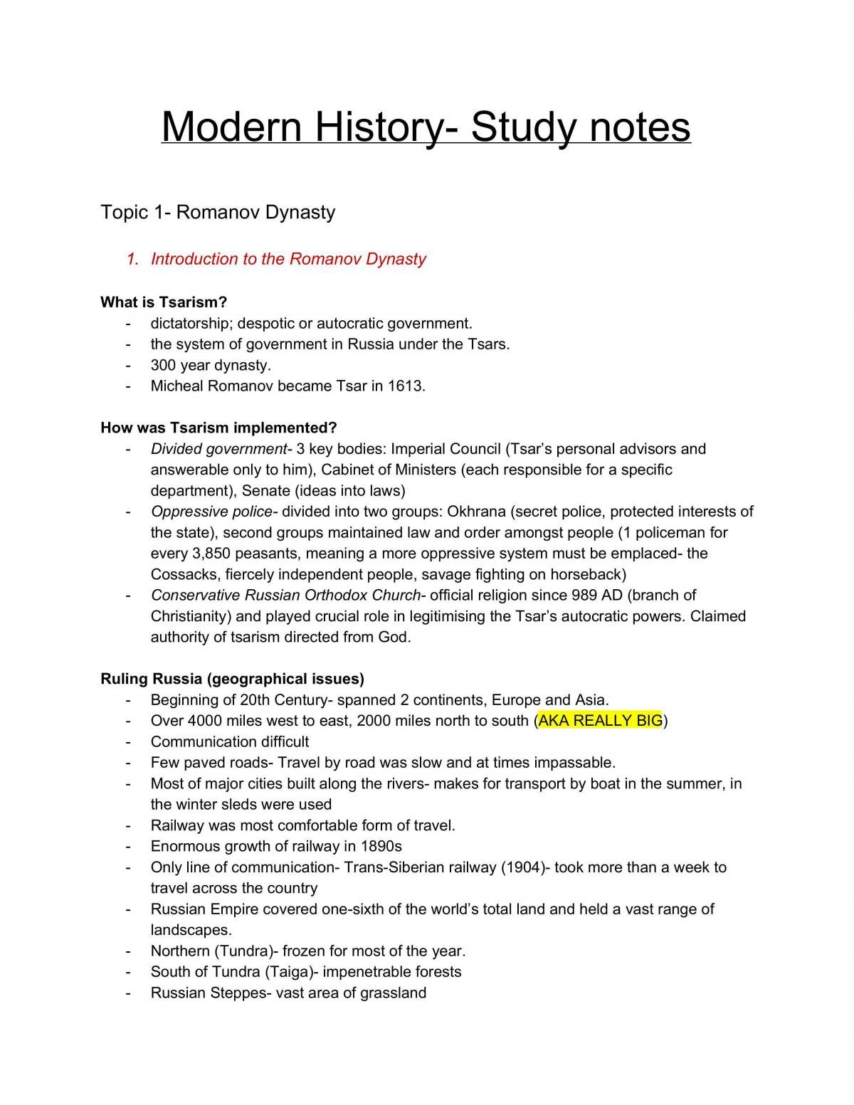 Year 11 Modern History Study Notes - Page 1