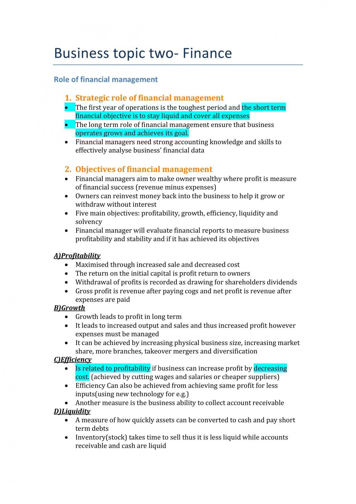 Business Studies Finance and HR - Page 1