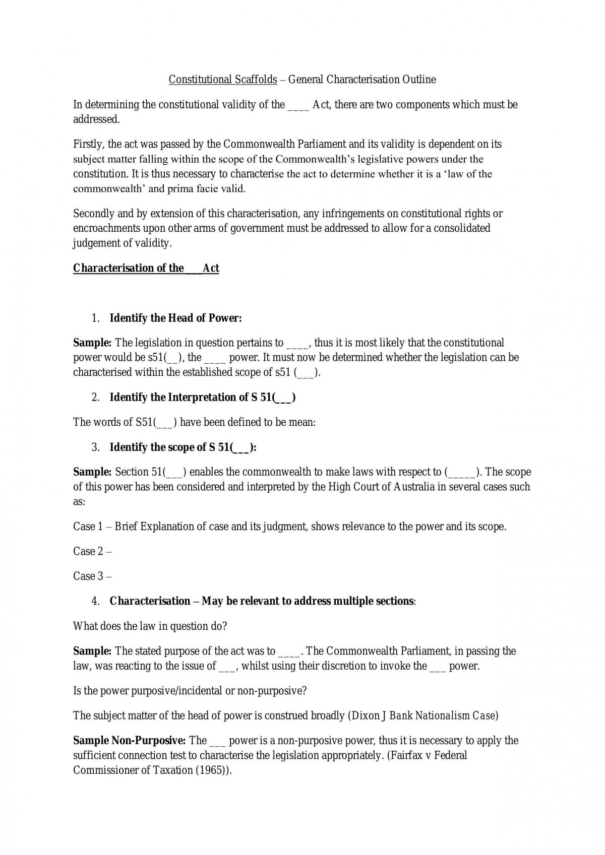Constitutional Law - General Outline of Characterisation Process for Exam - Page 1