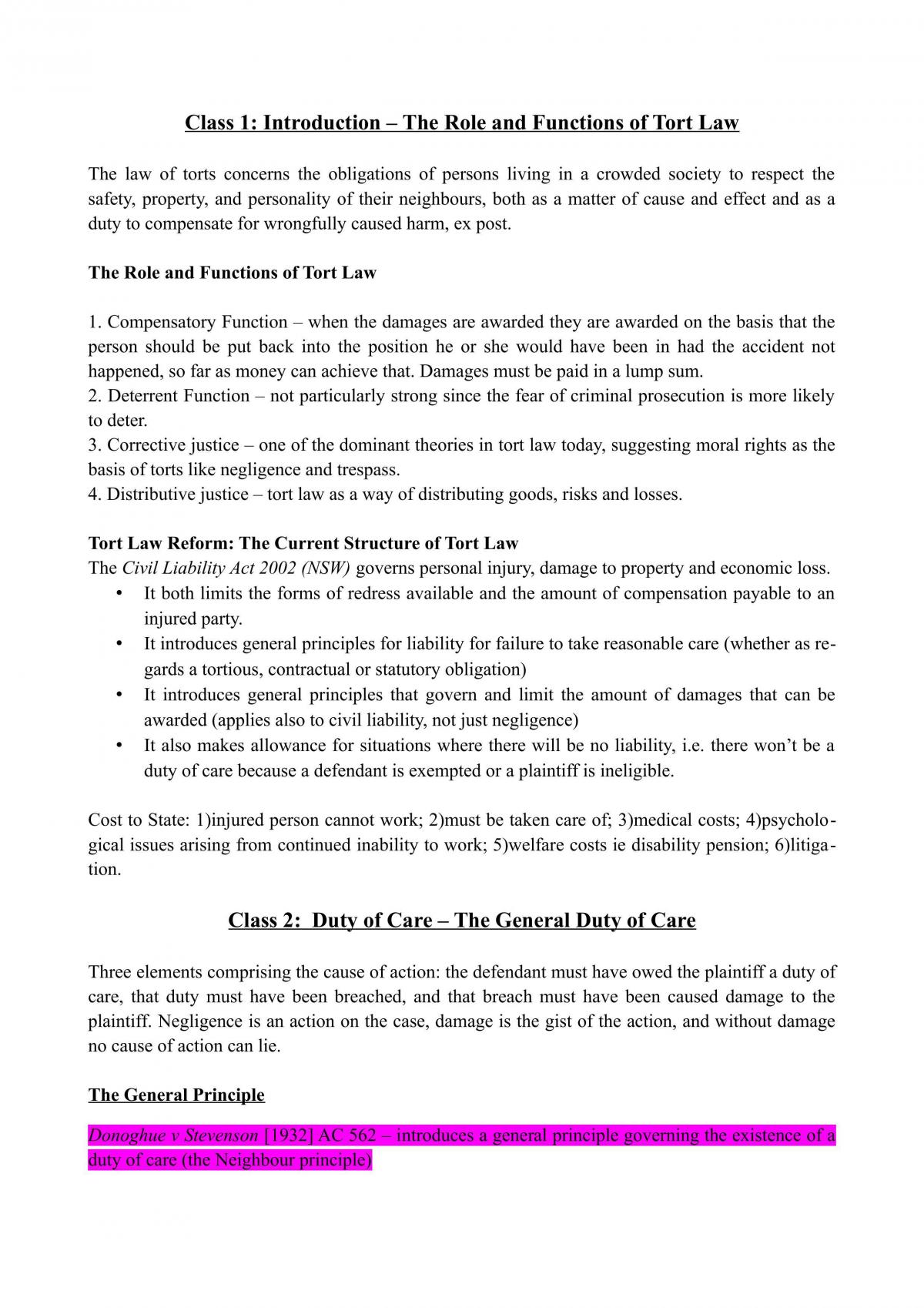 JURD7161 Torts Notes - Page 1