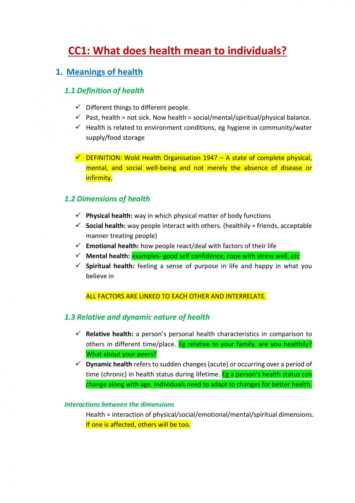 PDHPE Preliminary Core 1: Better Health for Individuals Notes - Page 1