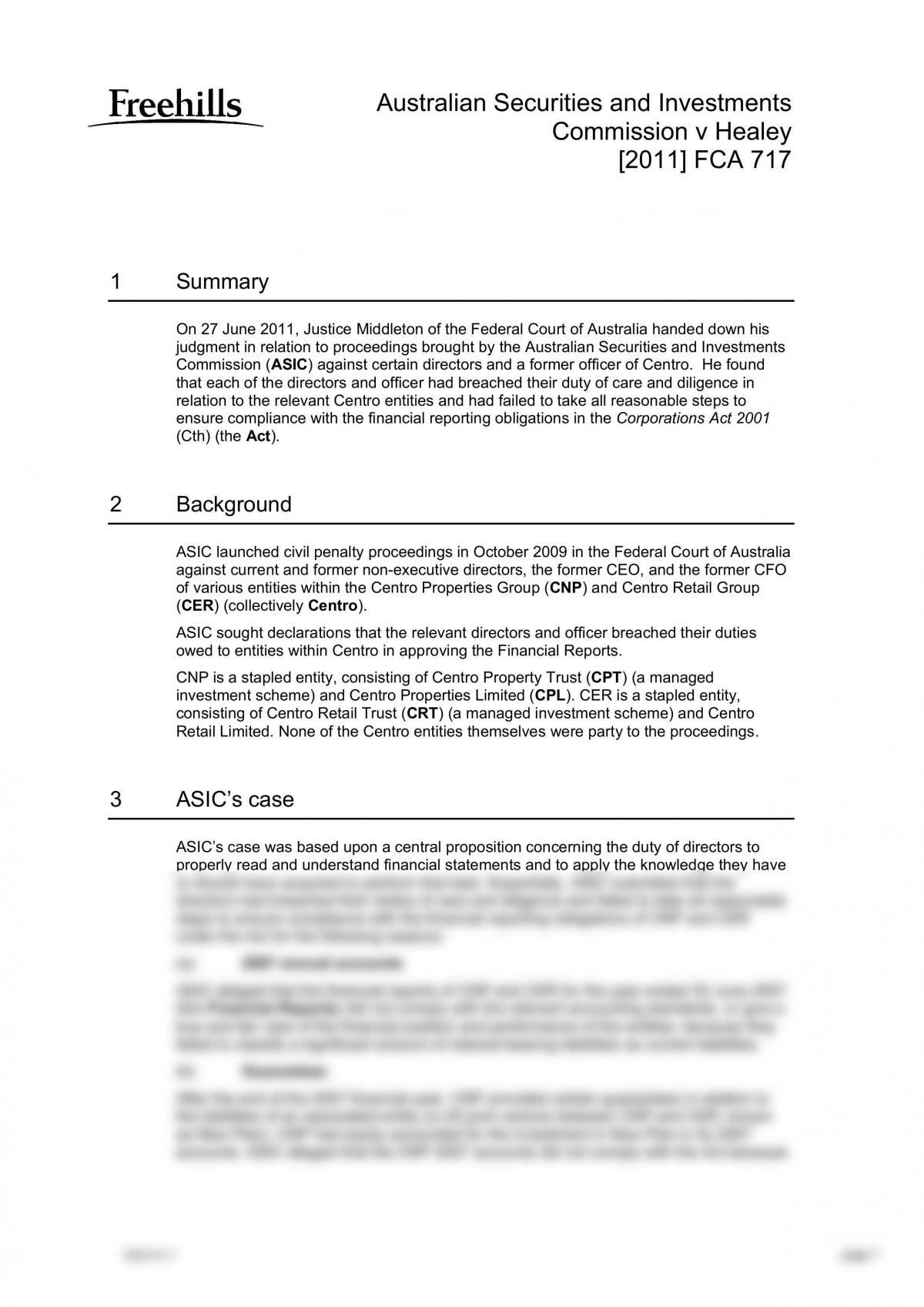 ASIC v Healey summary. - Page 1