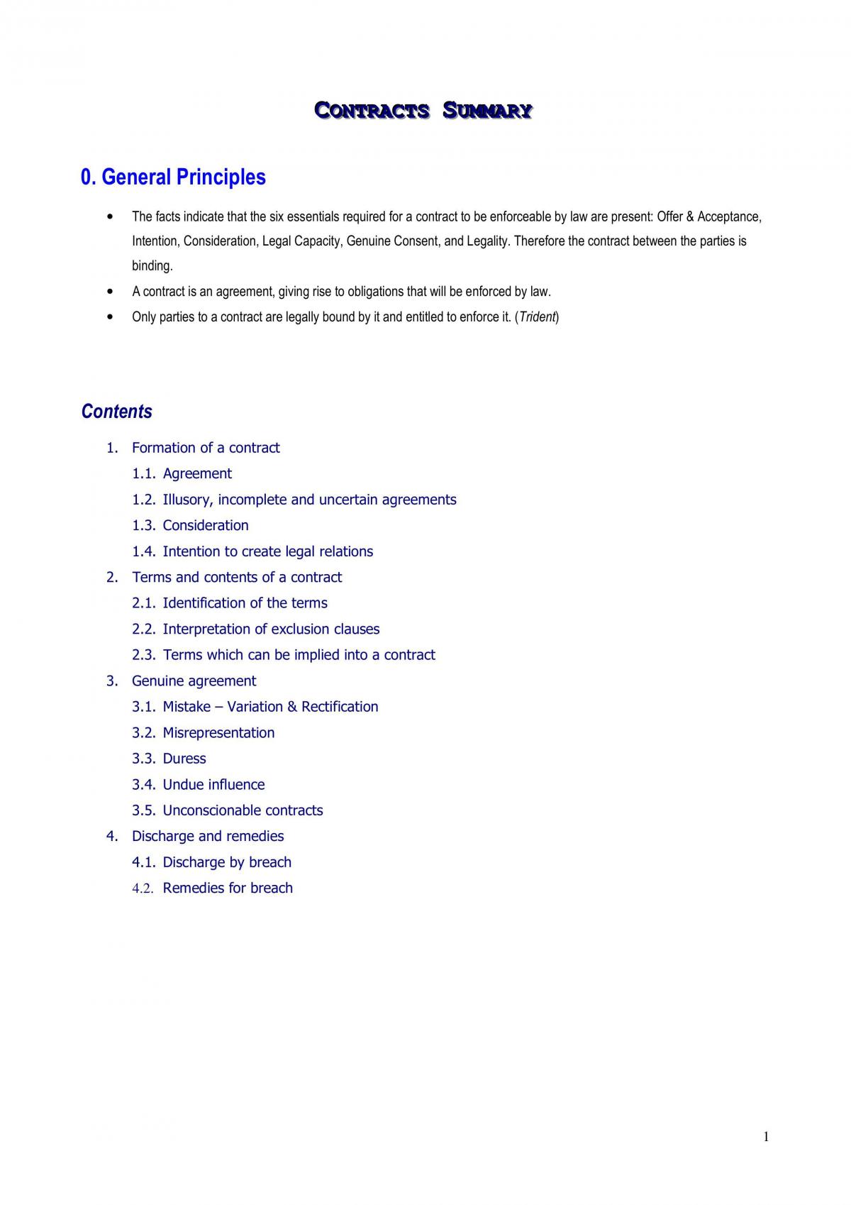 Contracts law exam summary notes - Page 1