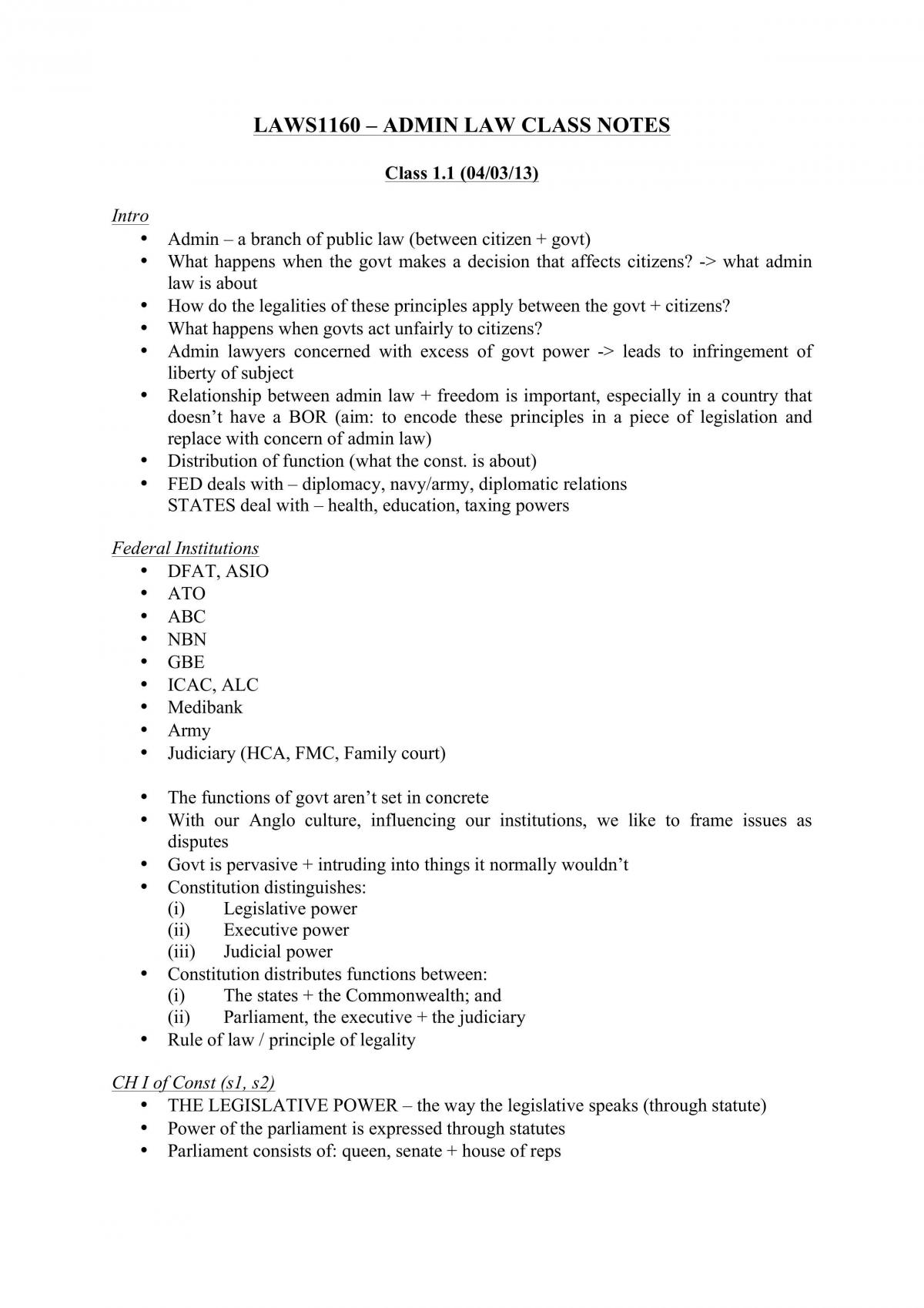 LAWS1160 Administrative Law Complete Class Notes - Page 1