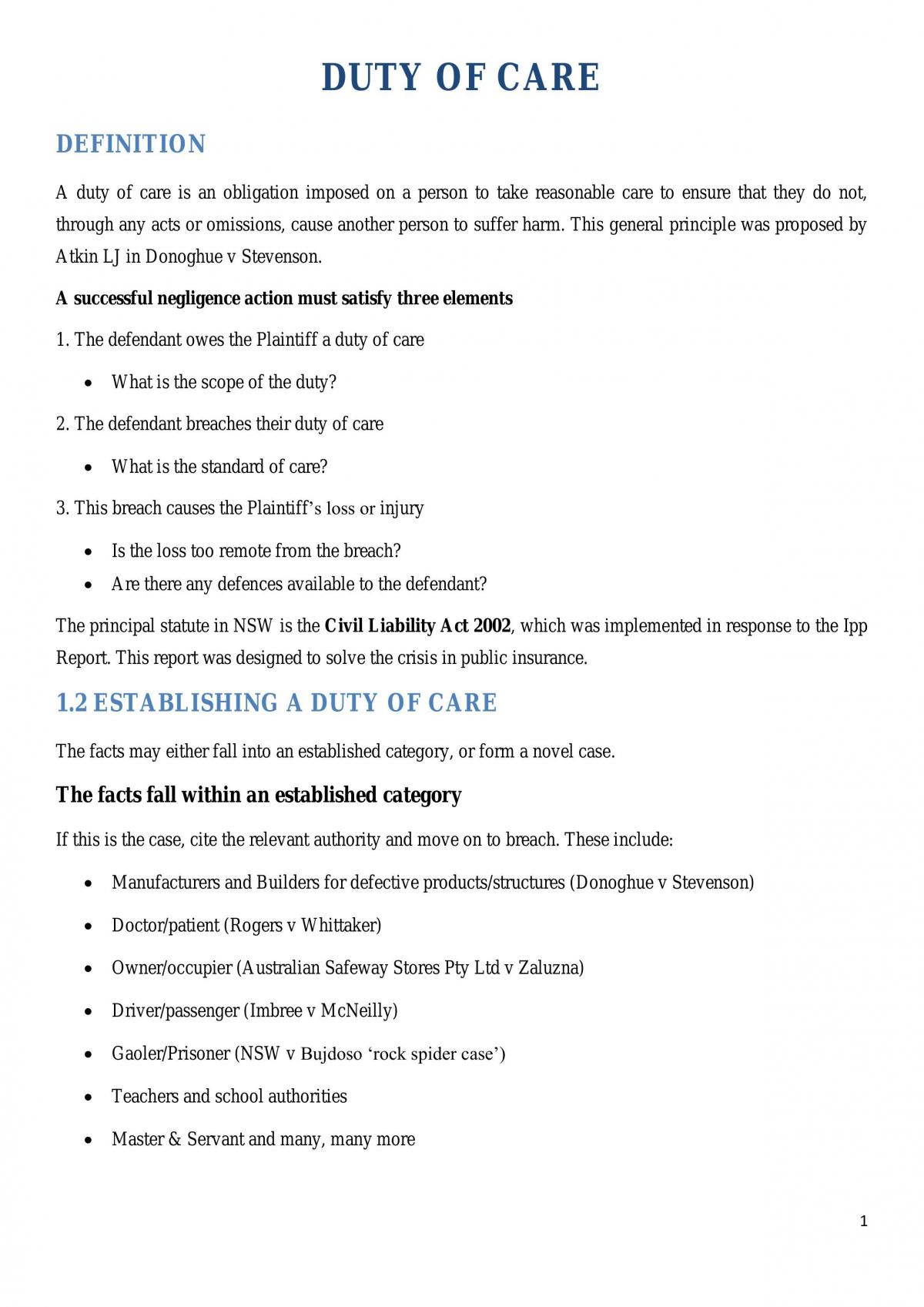Negligence Study Notes - Page 1