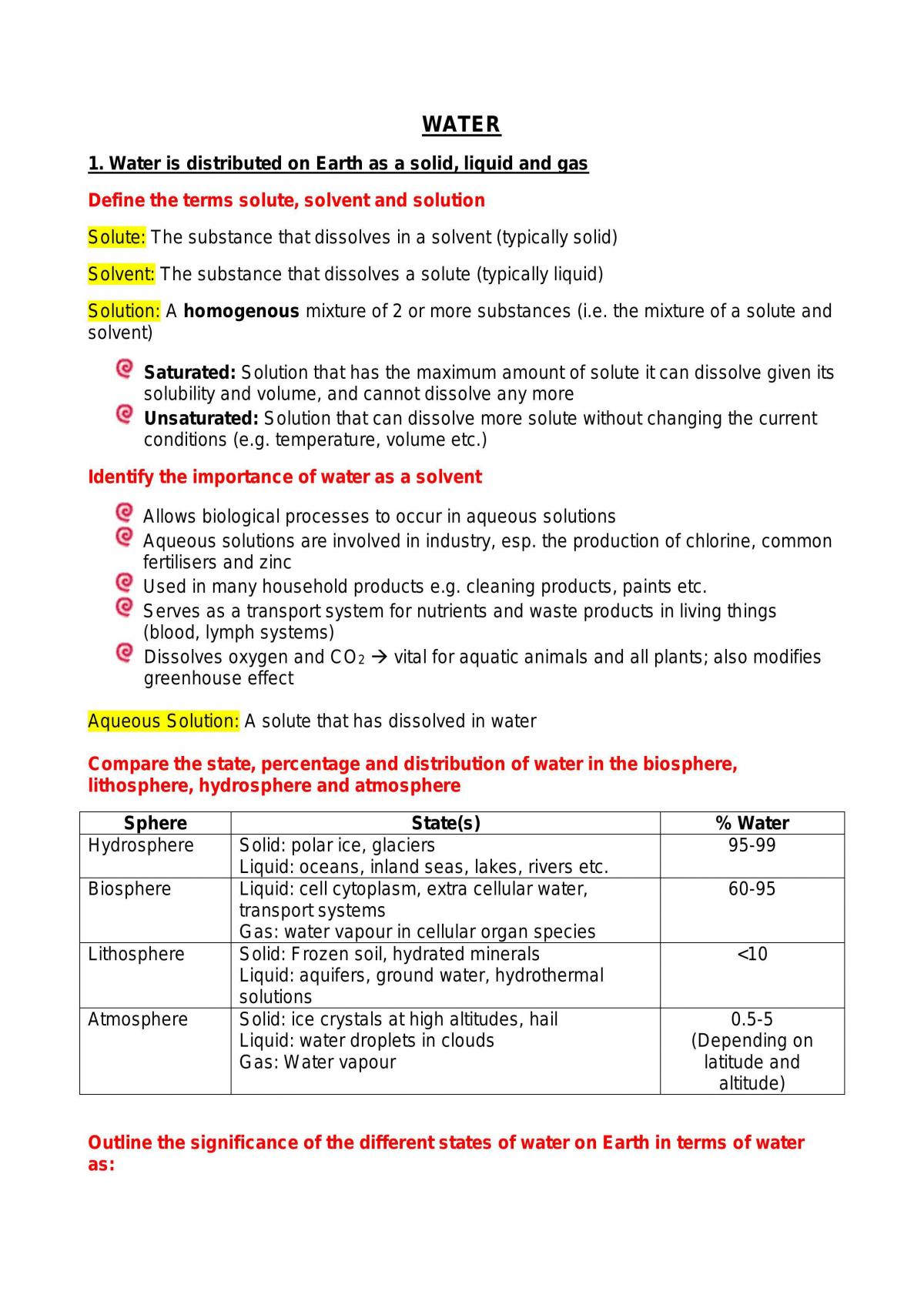 Year 11 Chemistry Study Notes: Module 3 (Water) - Page 1