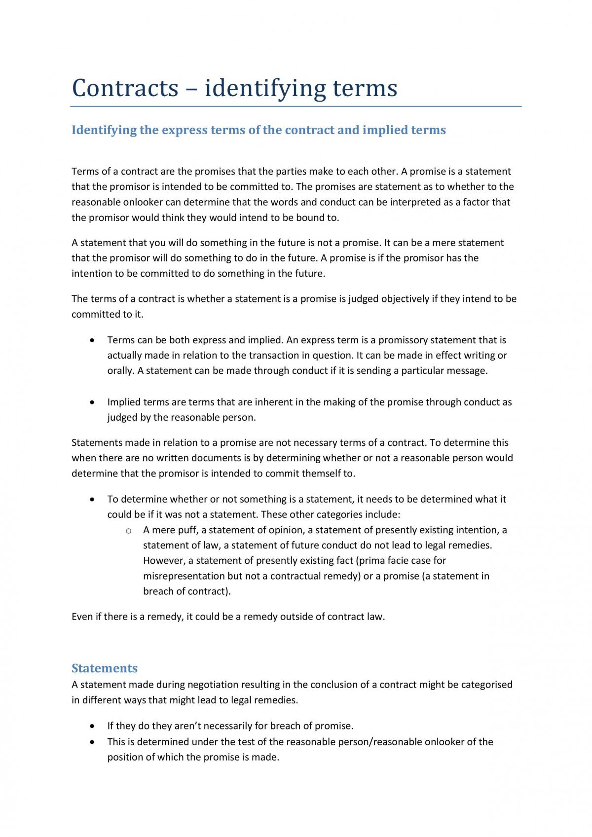 Contract Law 2 - Terms of Contract - Page 1