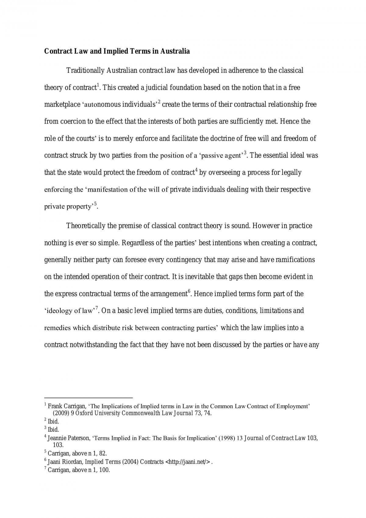 Contract Law and Implied Terms - Assignment - Page 1