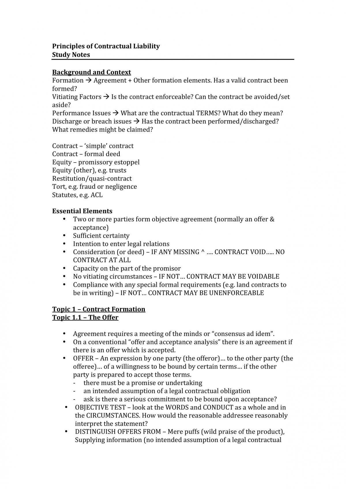 Contracts Study Notes/Course Summary - Page 1