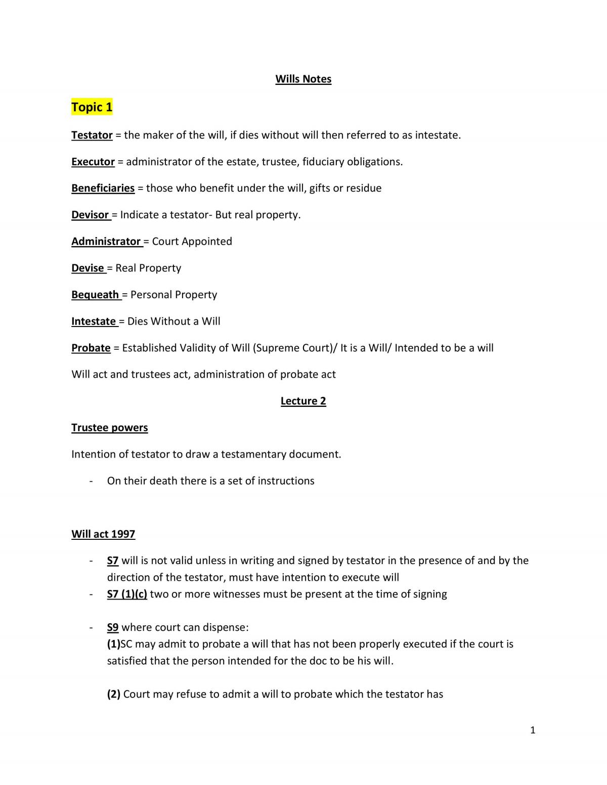 Wills & Administration of Estates Exam Notes - Page 1