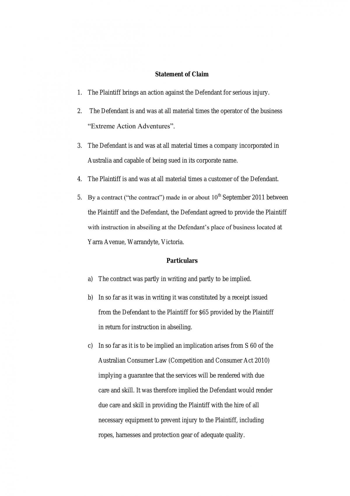 Statement of claim - Page 1