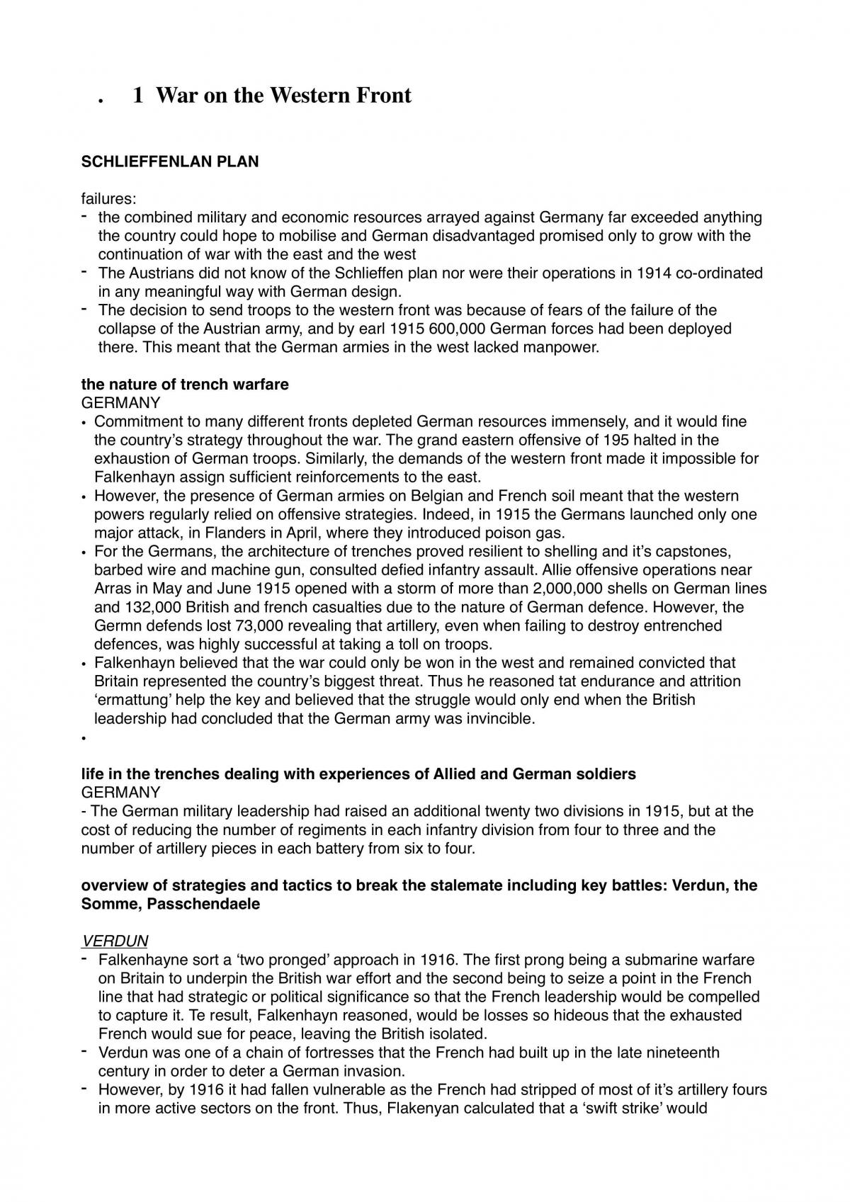 World War One Notes (On All Syllabus Dot Points) - Page 1
