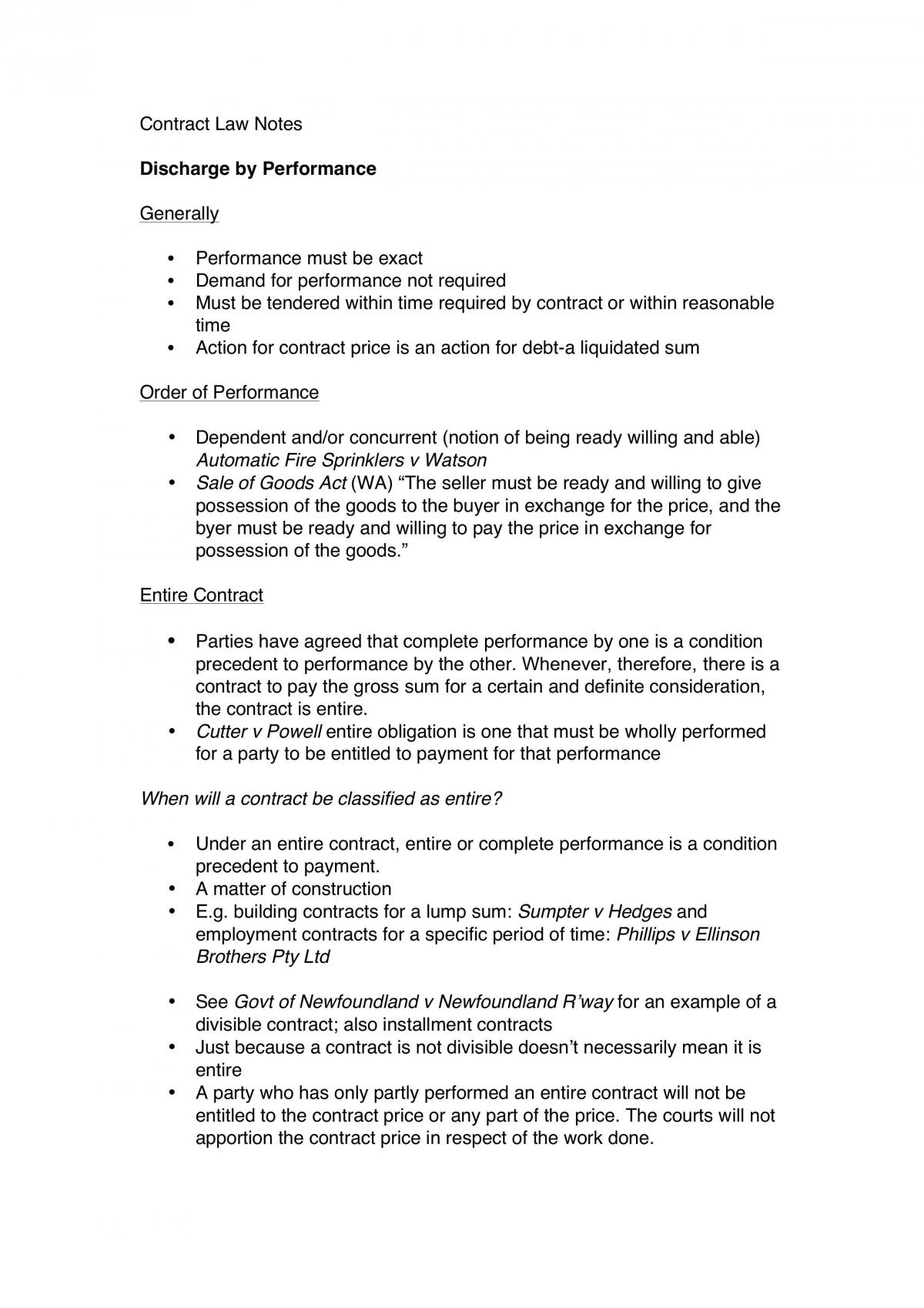 Contract exam notes breach of performance  - Page 1
