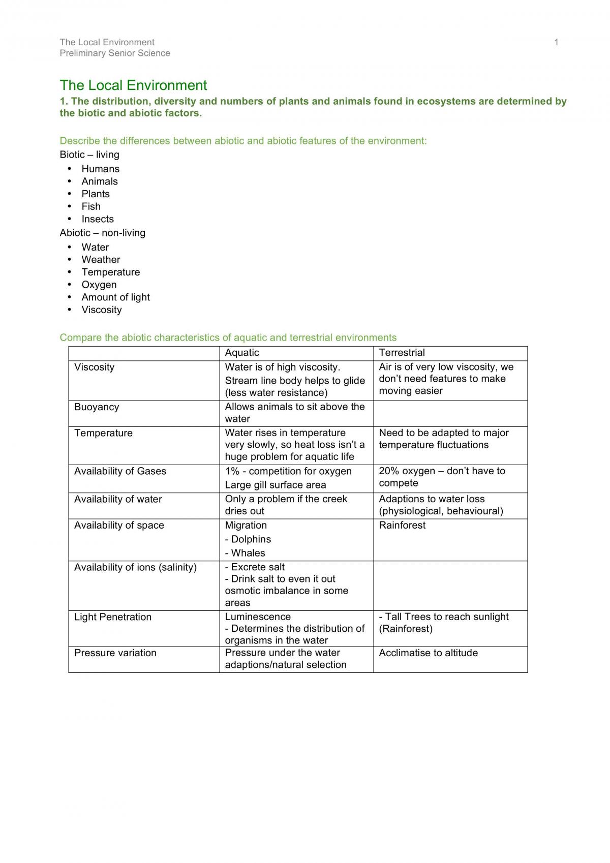 Senior Science - Local Environment notes - Page 1