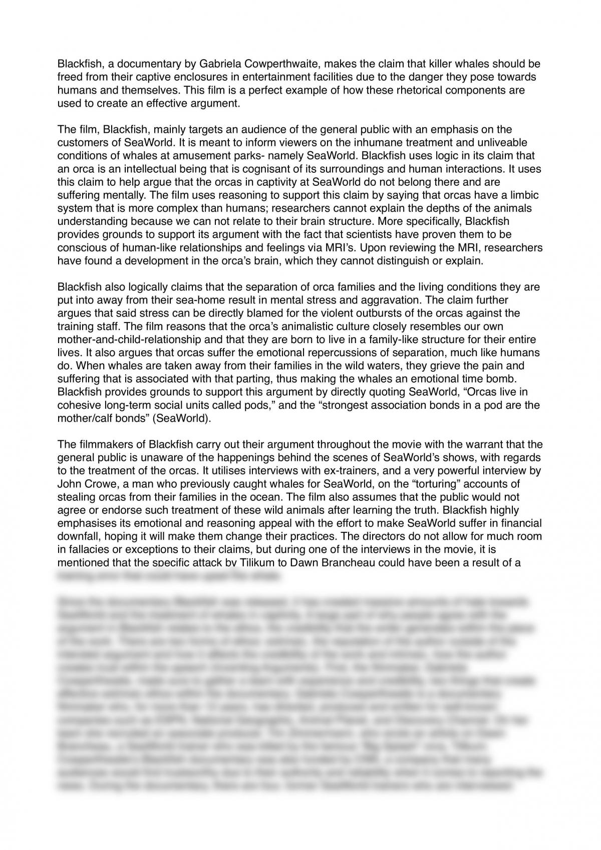 Blackfish Analytical Essay | English (Standard) - Year 11 HSC | Thinkswap