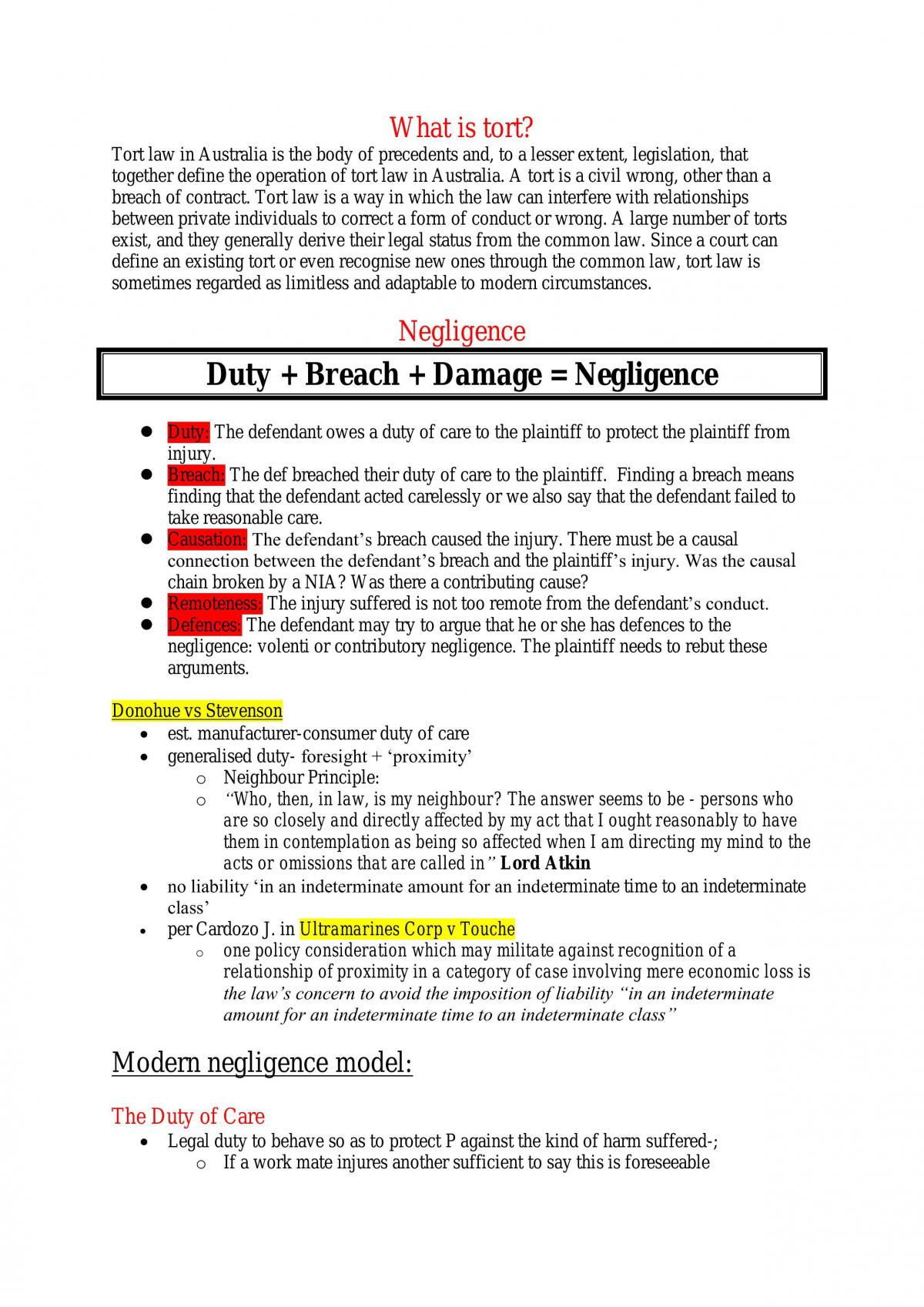 Torts Exam Notes - Page 1