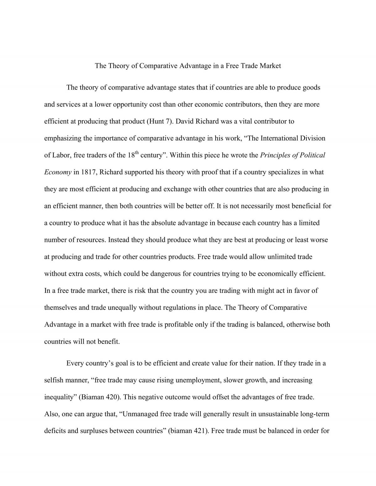 Short Essay Assignment- The Theory of comparative Advantage in a Free Trade Market - Page 1