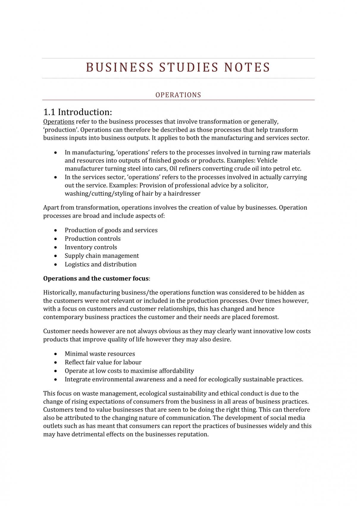 Business Studies - Operations (HSC) - Page 1