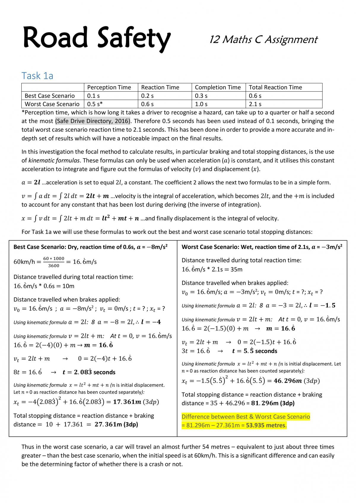 Road Safety Assignment: Maths C - Page 1