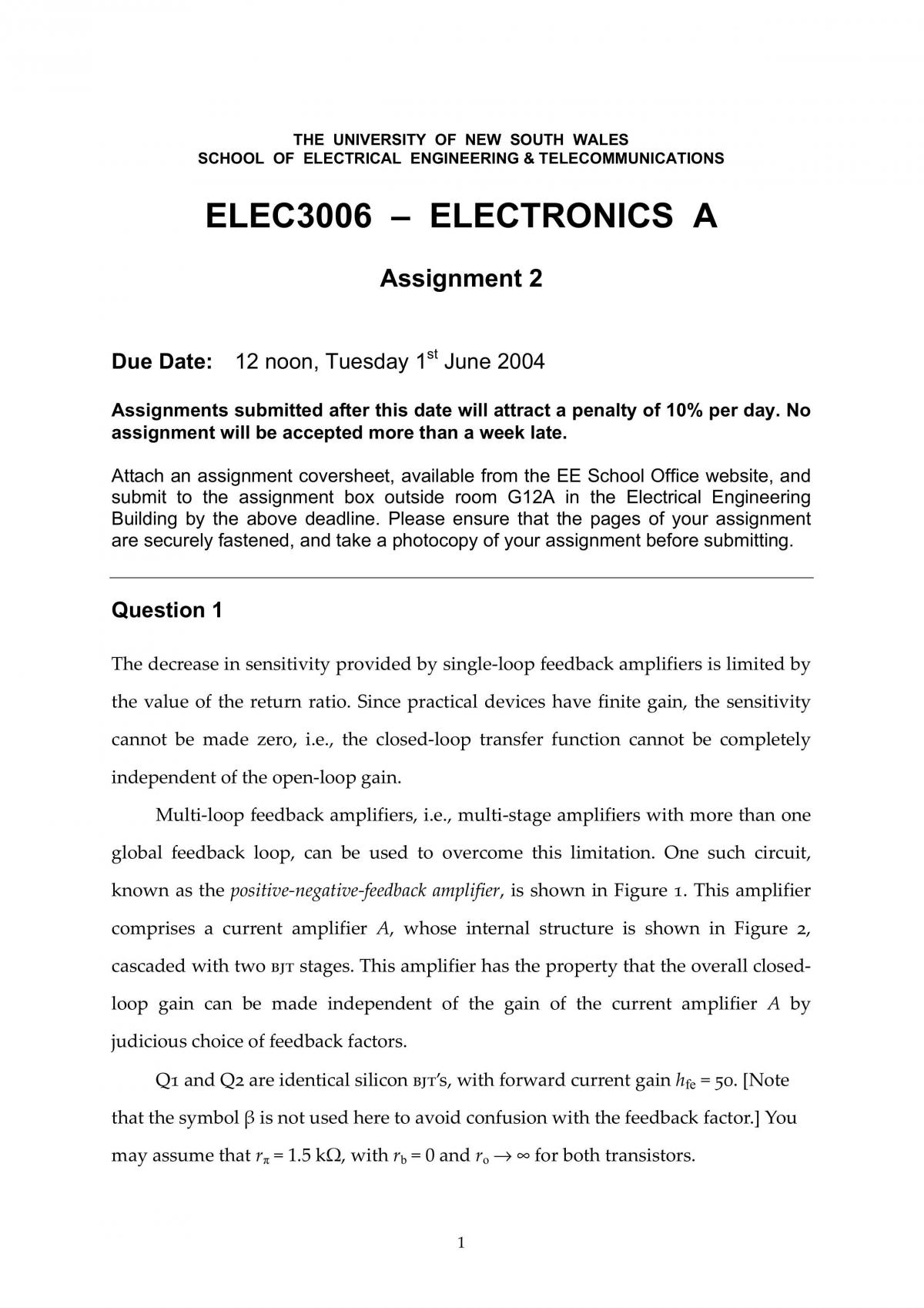 Elec 3006 S1 2004 Assignment 2 - Page 1