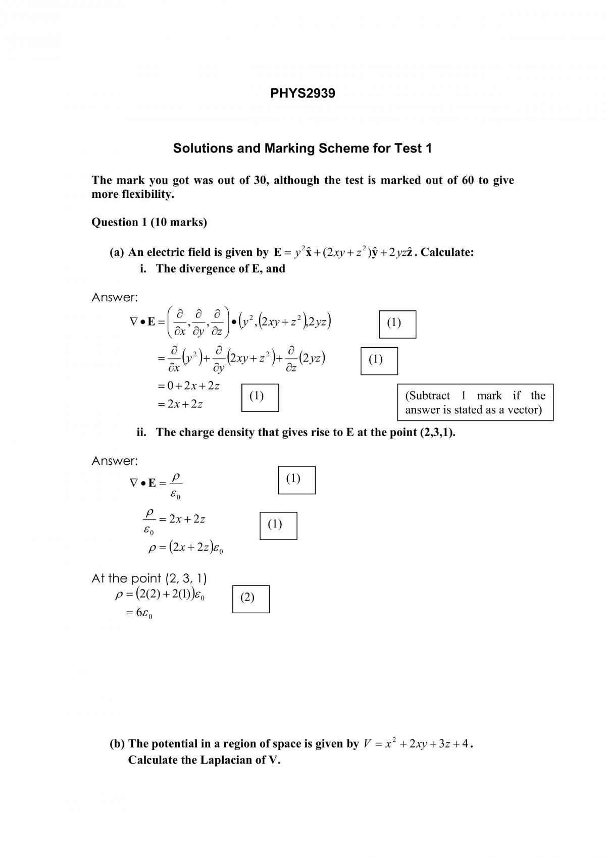Phys 2939 Mid Session S1 2004 Marking Scheme - Page 1