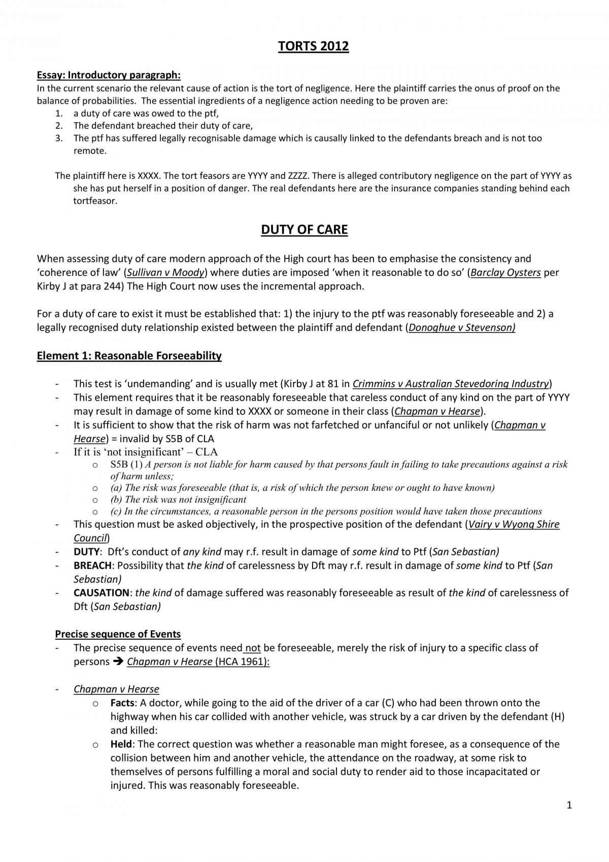 Torts 1 Notes  - Page 1