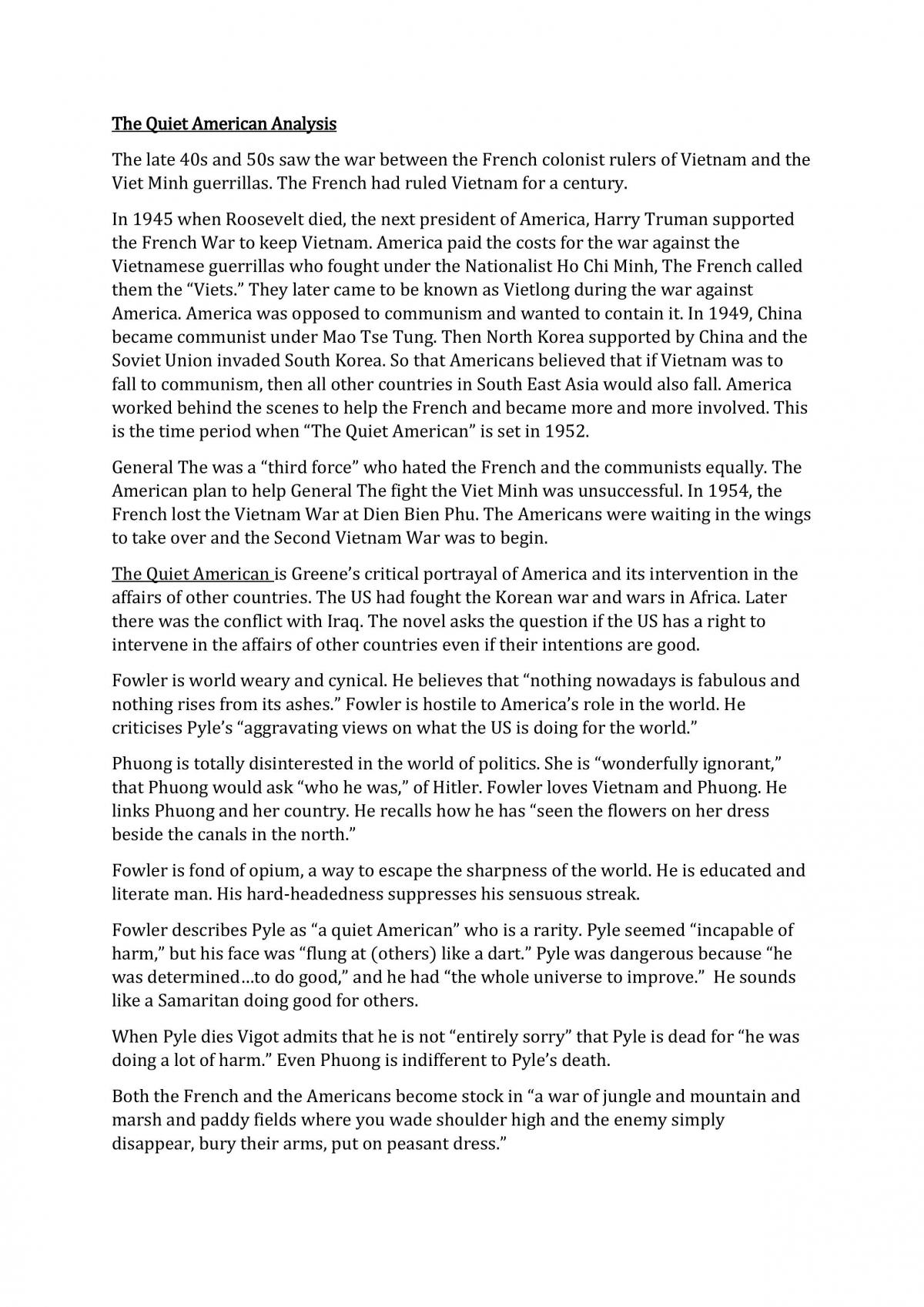 The Quiet American Analysis - Page 1