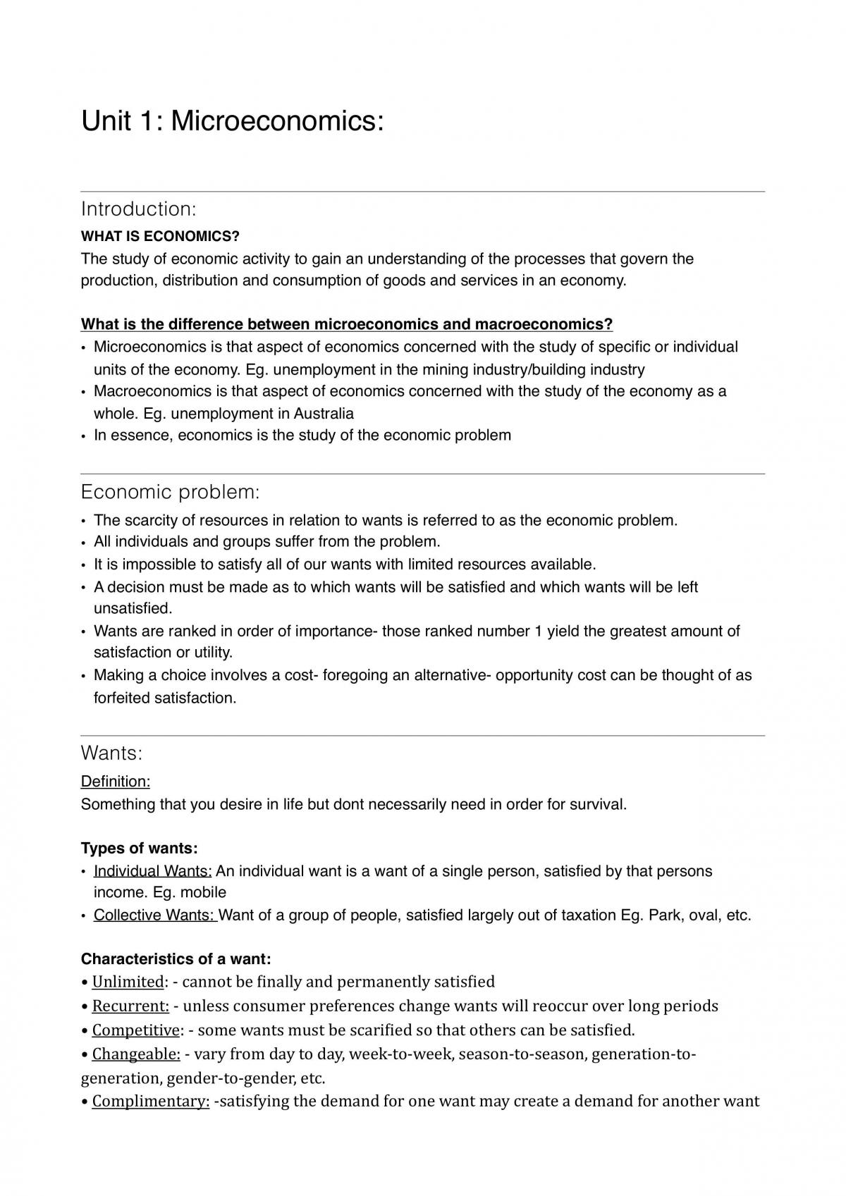 Microeconomics WACE Unit Notes - Page 1