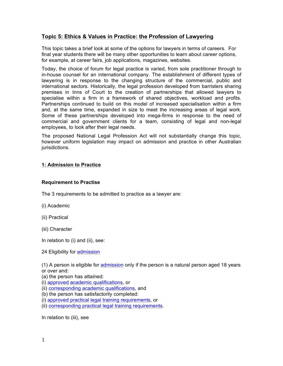 Ethics and Professional Conduct-  Ethics & Values in Practice: the Profession of Lawyering  - Page 1
