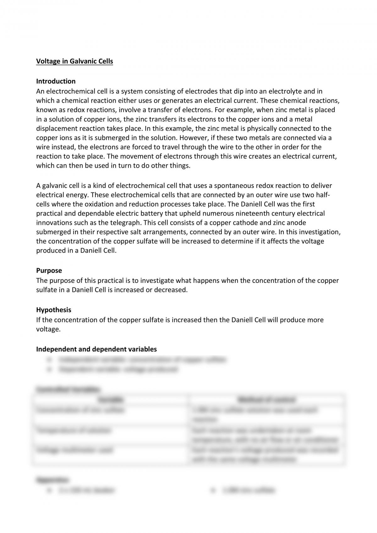 Voltage in Galvanic Cells Practical Report - Page 1