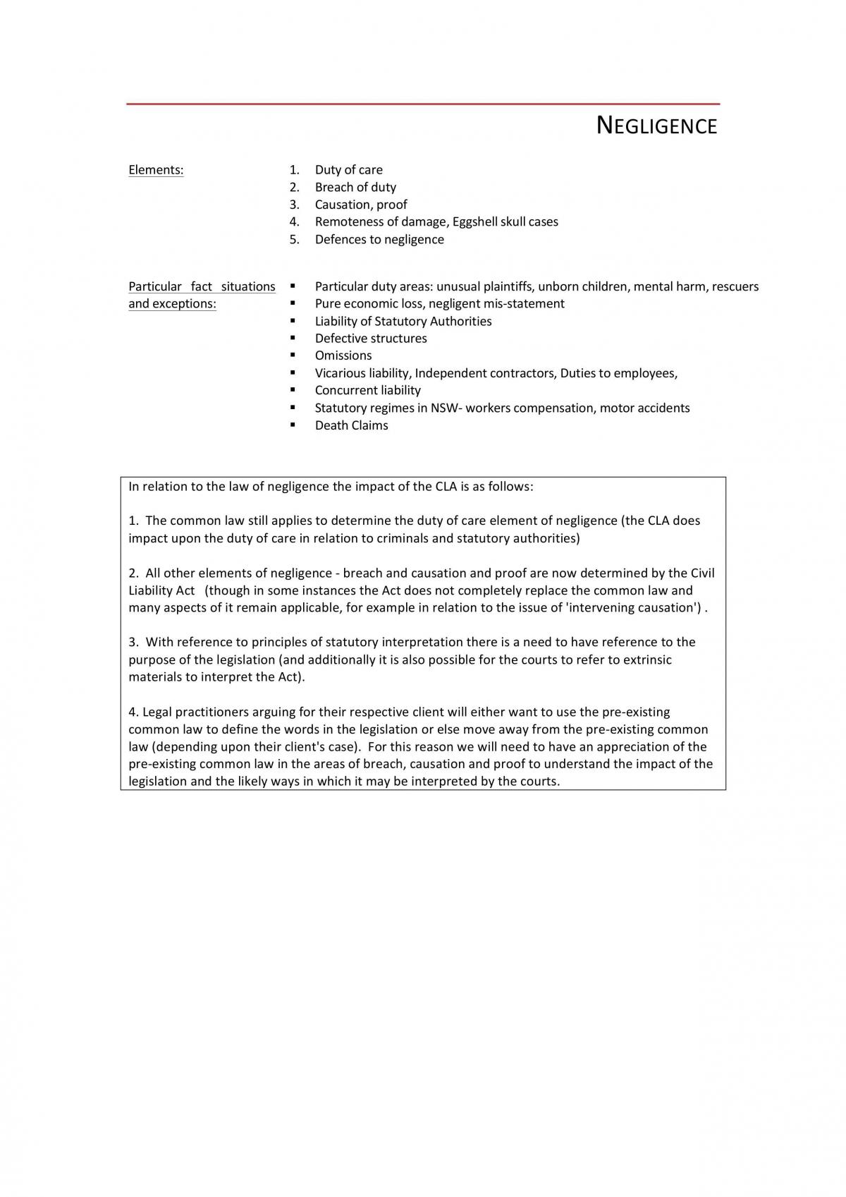 Torts Notes Duty of Care - Page 1