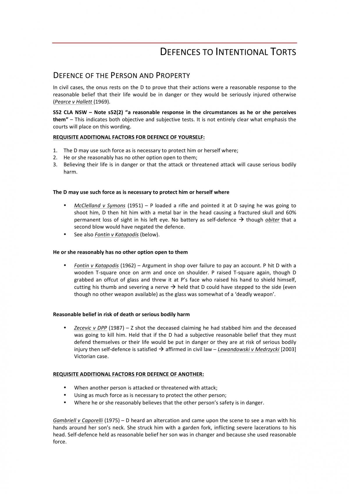 Tort Defences to Intentional Torts - Page 1