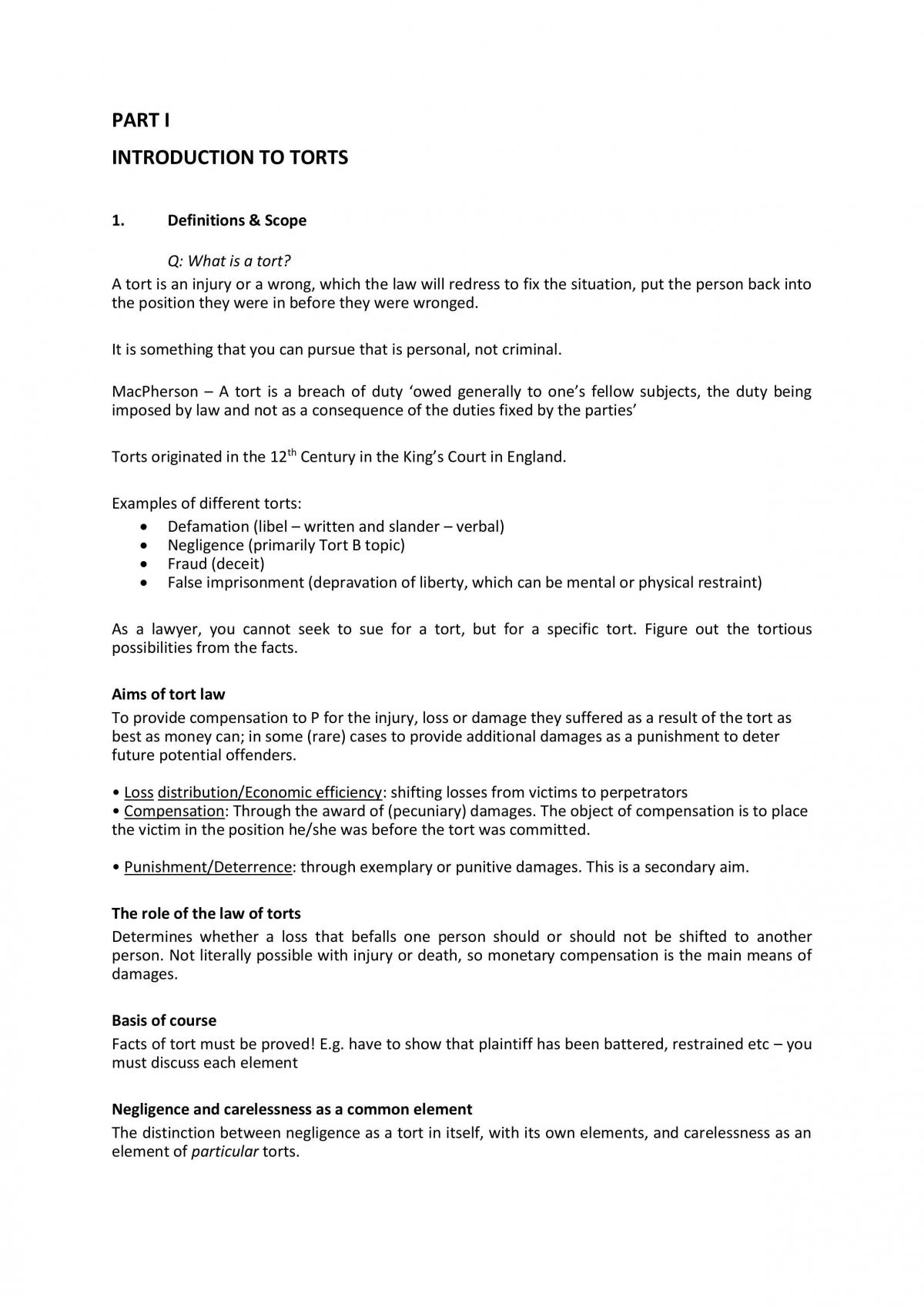 Torts Notes Trespass to the Person - Page 1