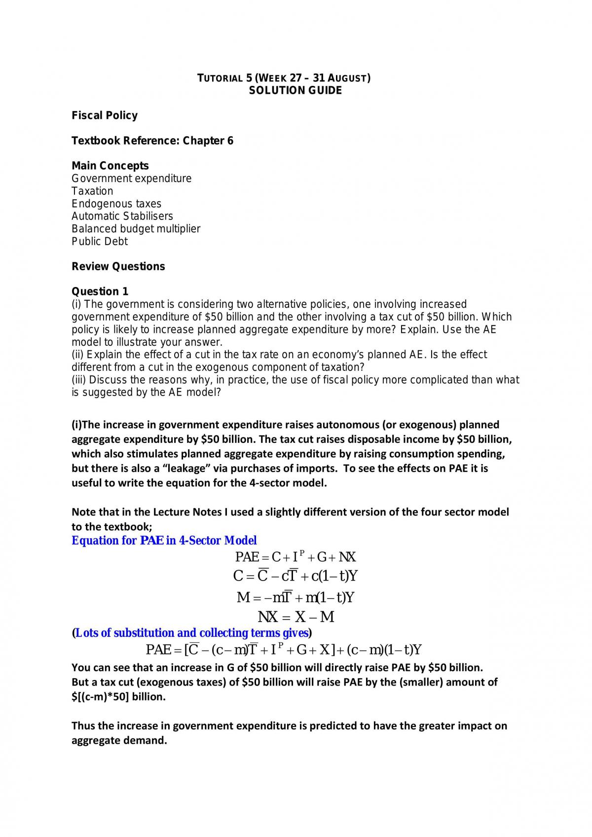 ECON1102 Macroeconomics Tutorial Answers Tutorial 5 - Page 1