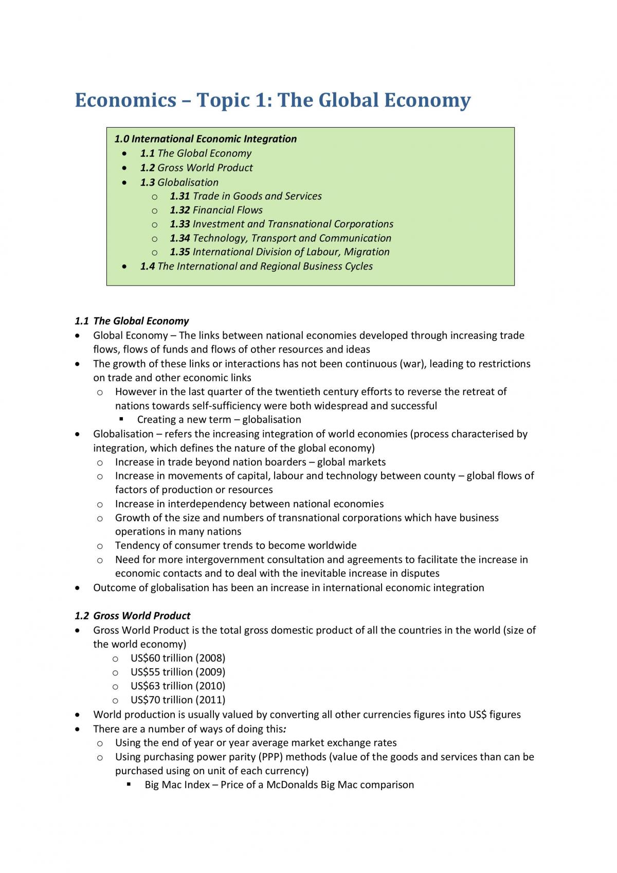 Topic 1 Global Economy Study Notes - Page 1