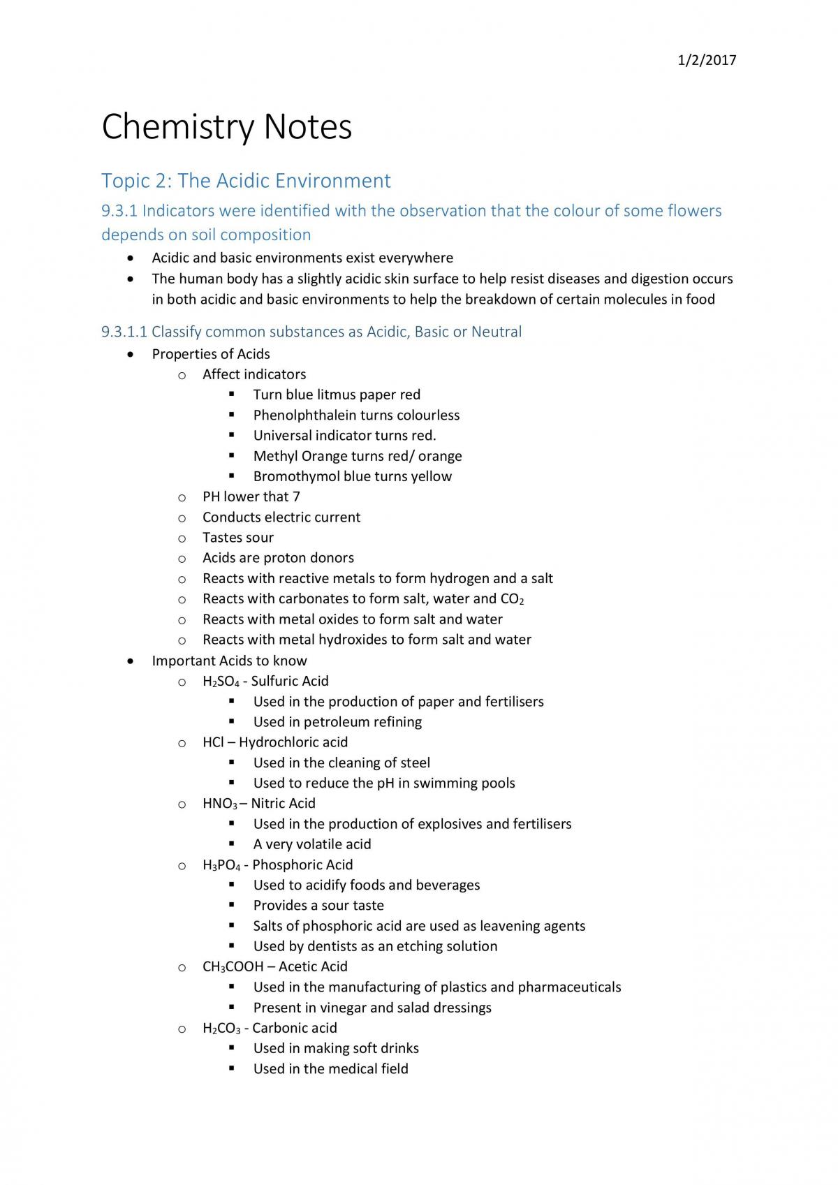 Acidic Environment Topic 2 Notes - Page 1