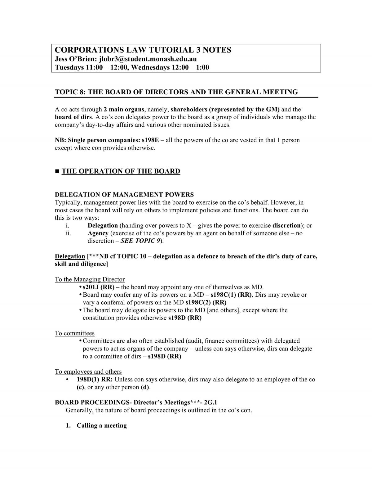 Corporations law tutorial notes 3 - Page 1