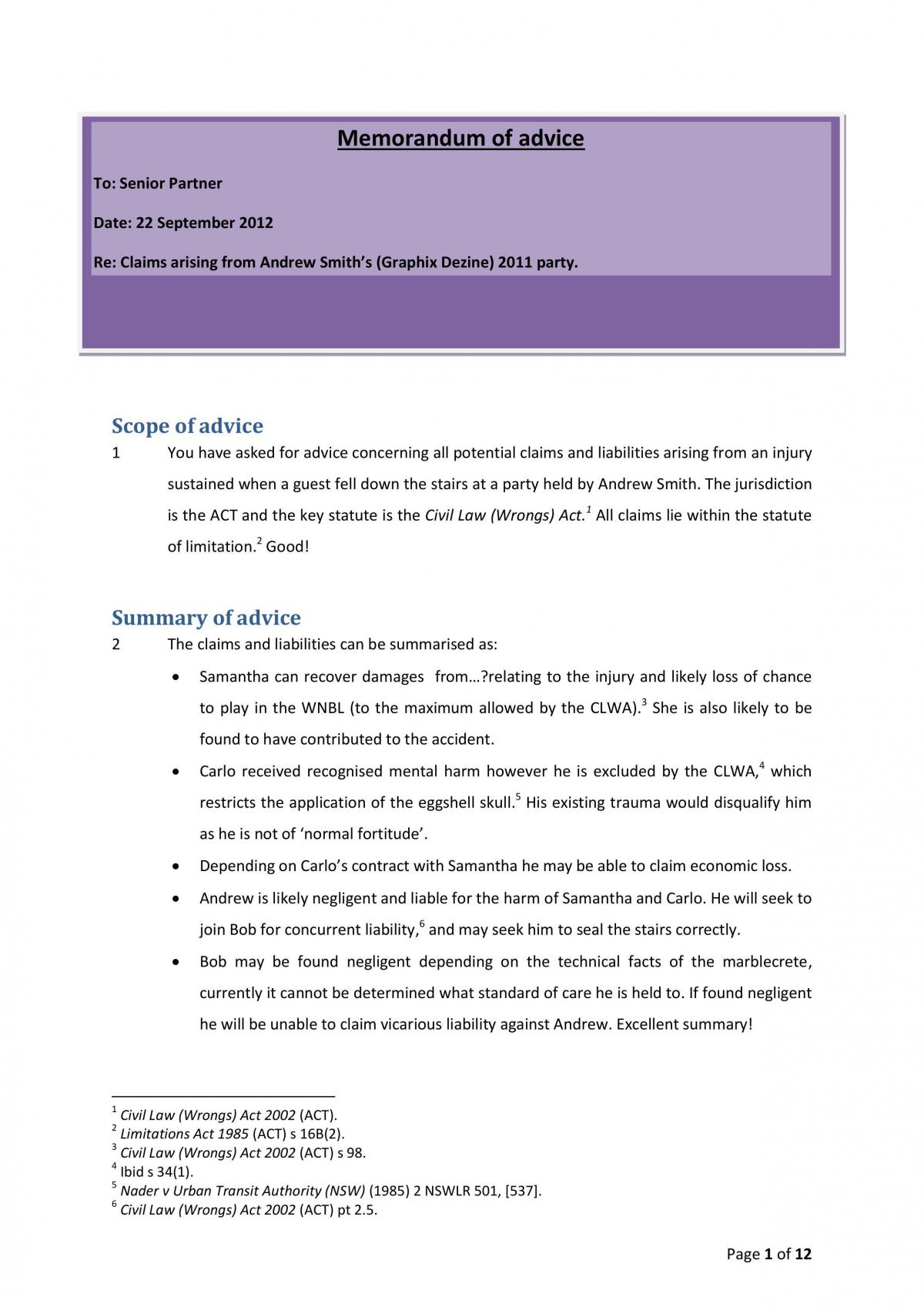 Memo of Advice (Major Assignment) - Page 1