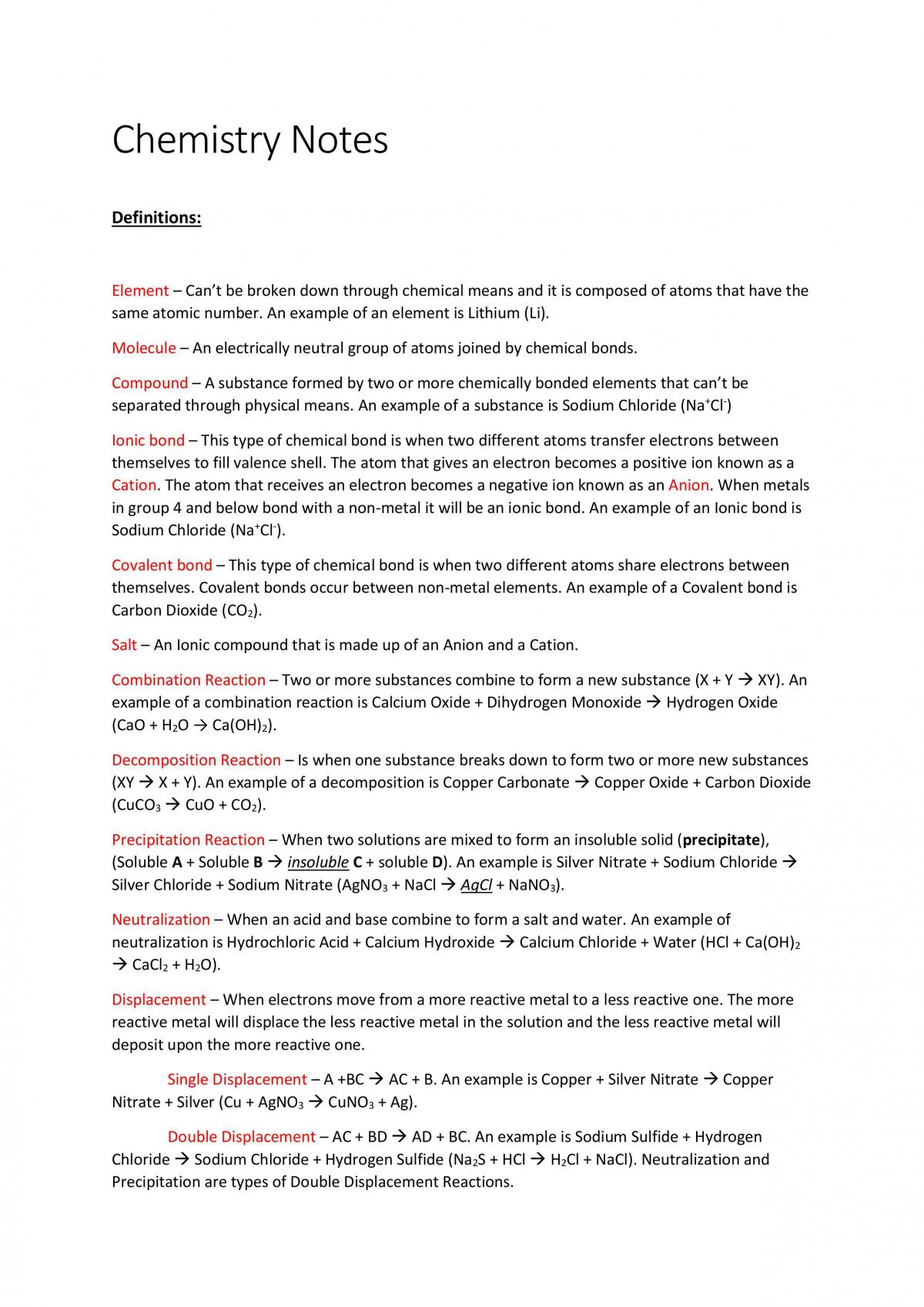 Preliminary Chemistry Notes - Page 1